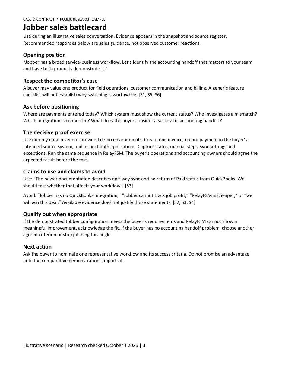 Page three of the sample: Jobber sales battlecard with discovery questions, proof exercise, supported claims and next action